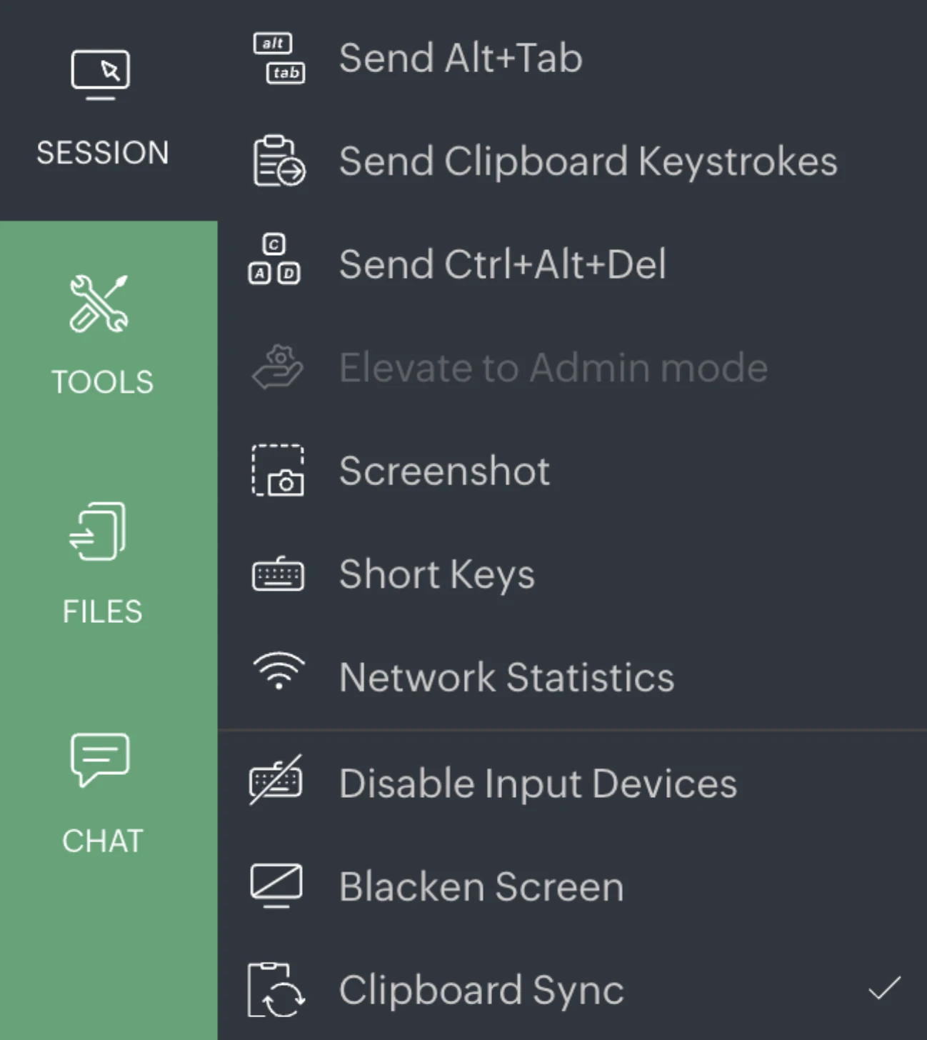 Image showing the session menu: including controls for keyboard input, system access, and privacy management.